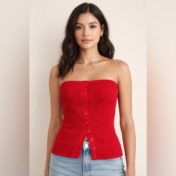 Abercrombie & Fitch Tops - Abercrombie and Fitch ribbed red strapless button front top size medium